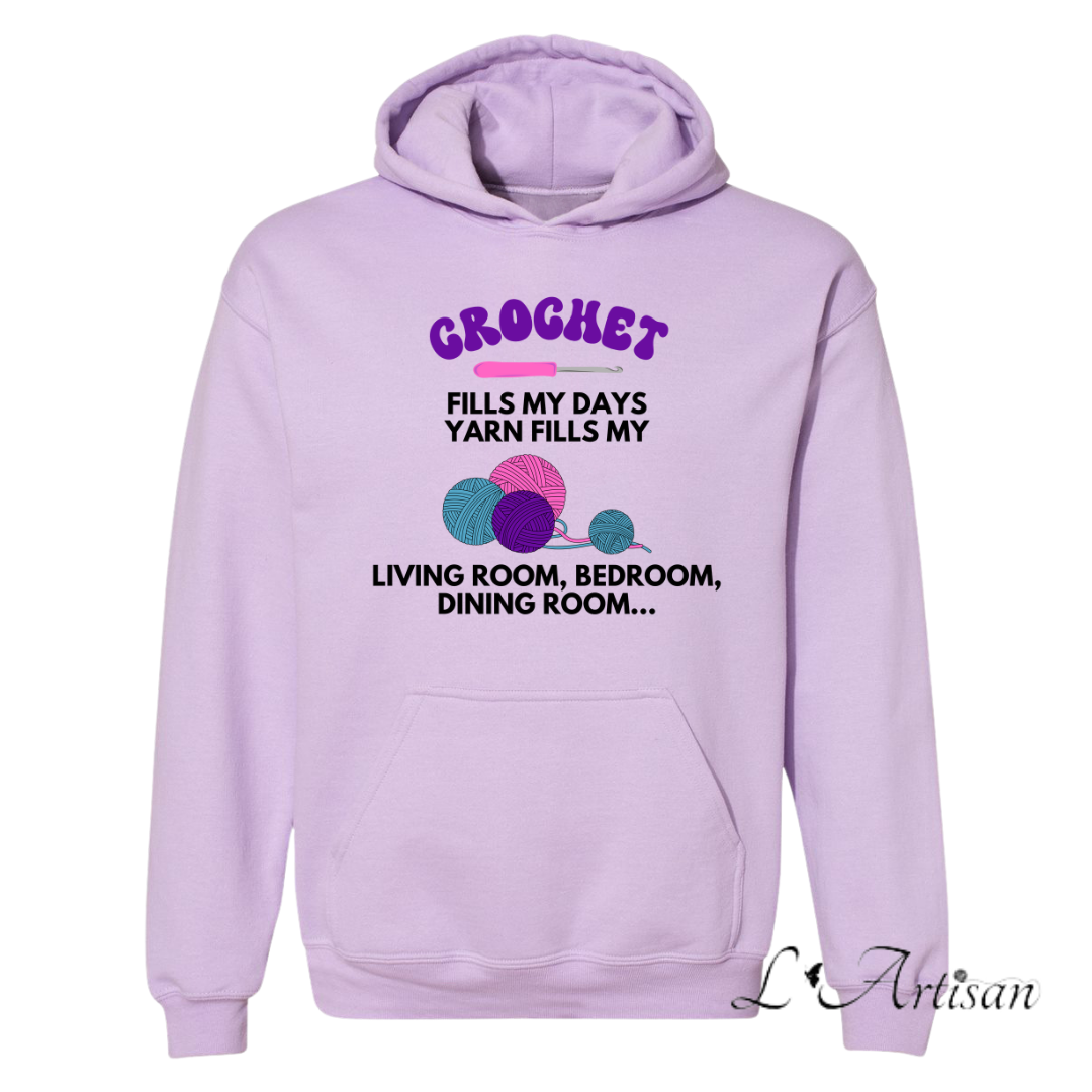 Lavender Canadian hoodies featuring crochet-themed text for craft enthusiasts