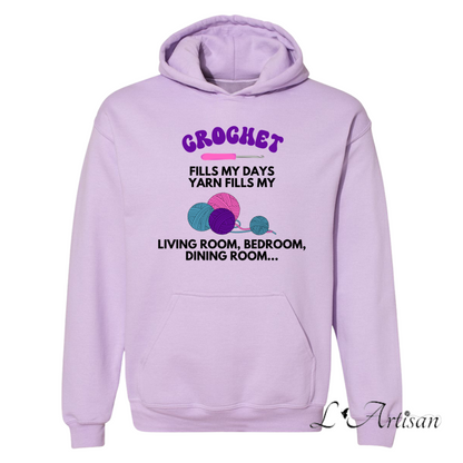 Lavender Canadian hoodies featuring crochet-themed text for craft enthusiasts
