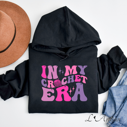 L'ArtisanCanada Women's Canadian hoodies with colorful 'In My Crochet Era' design on a black background