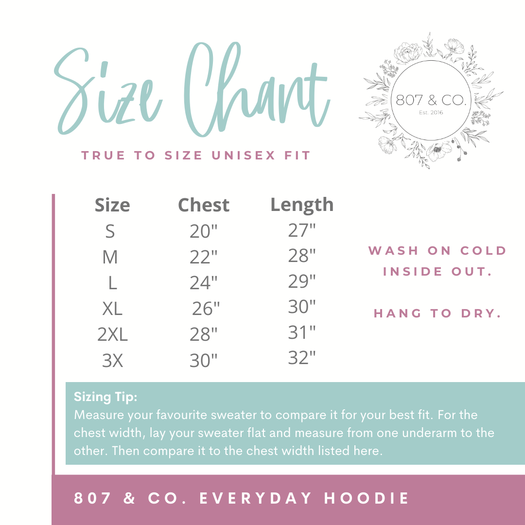 L'ArtisanCanada Women's Everyday Hoodie in soft fabric with size chart for perfect fit, featuring Canadian hoodies