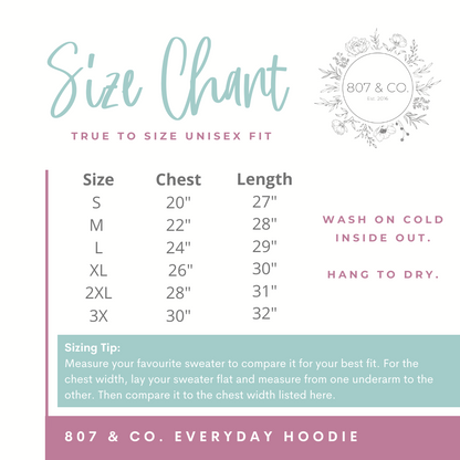L'ArtisanCanada Women's Everyday Hoodie in soft fabric with size chart for perfect fit, featuring Canadian hoodies