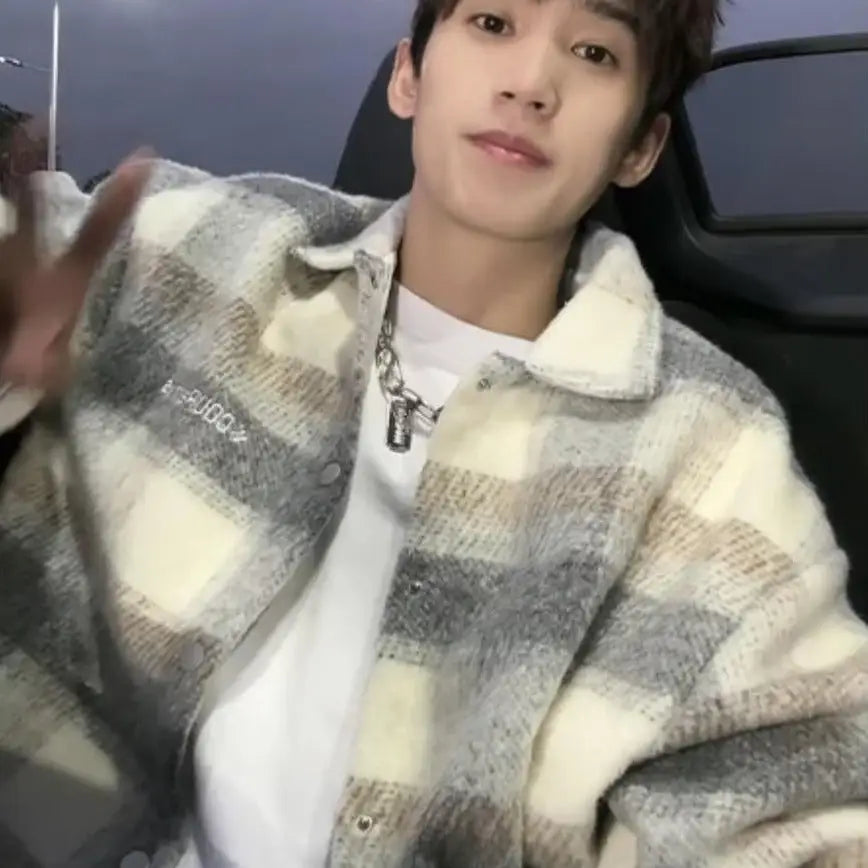 Autumn And Winter New American Retro Contrast Color Check Cardigan Coat Men - www.Shopthatapp.com