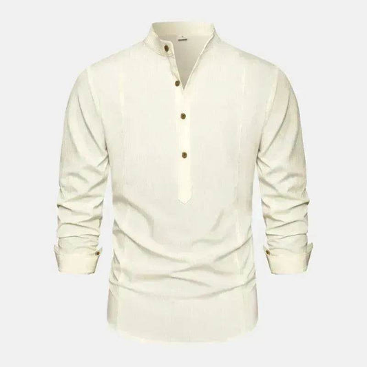 Autumn Solid Color Stand Collar Casual Long Sleeve Cotton And Linen Men's Shirt - www.Shopthatapp.com