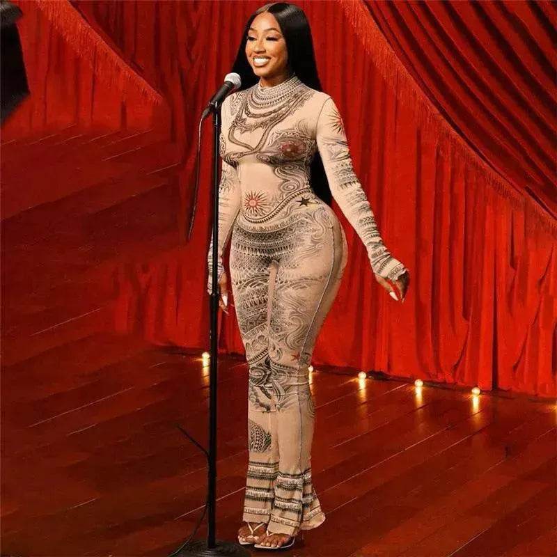 Autumn Women's Street Digital Printed Charming Mesh See-through Tight Jumpsuit - www.Shopthatapp.com