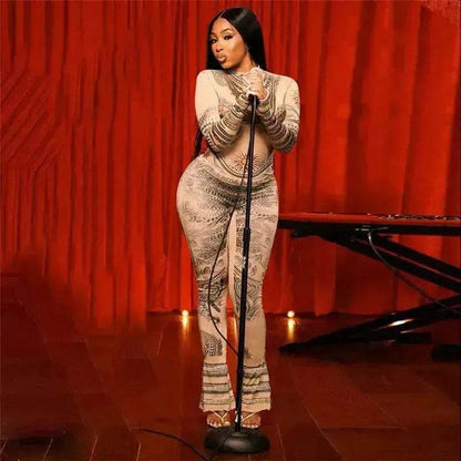 Autumn Women's Street Digital Printed Charming Mesh See-through Tight Jumpsuit - www.Shopthatapp.com