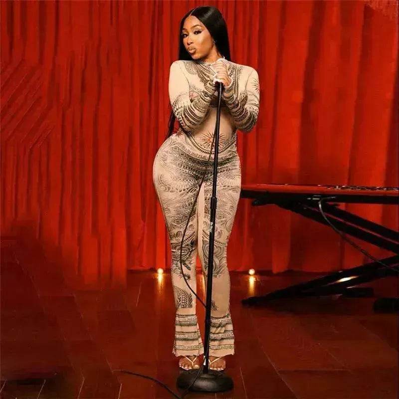 Autumn Women's Street Digital Printed Charming Mesh See-through Tight Jumpsuit - www.Shopthatapp.com