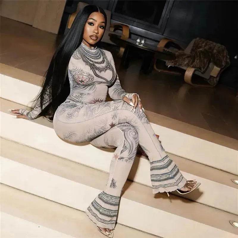 Autumn Women's Street Digital Printed Charming Mesh See-through Tight Jumpsuit - www.Shopthatapp.com