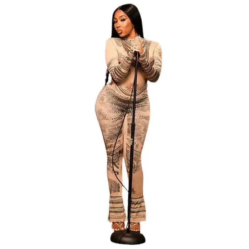 Autumn Women's Street Digital Printed Charming Mesh See-through Tight Jumpsuit - www.Shopthatapp.com