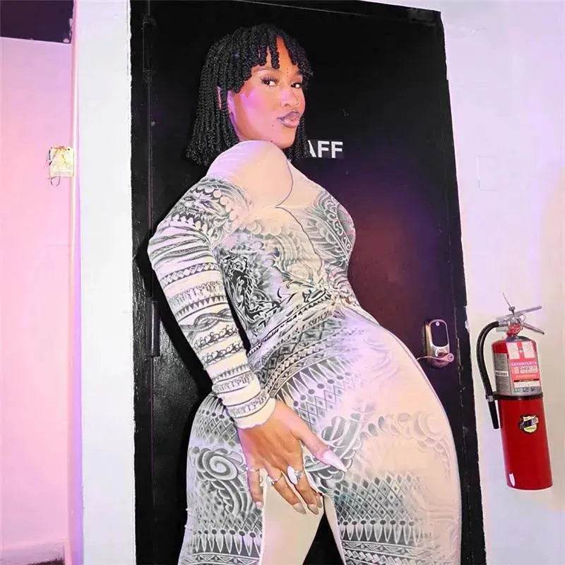 Autumn Women's Street Digital Printed Charming Mesh See-through Tight Jumpsuit - www.Shopthatapp.com