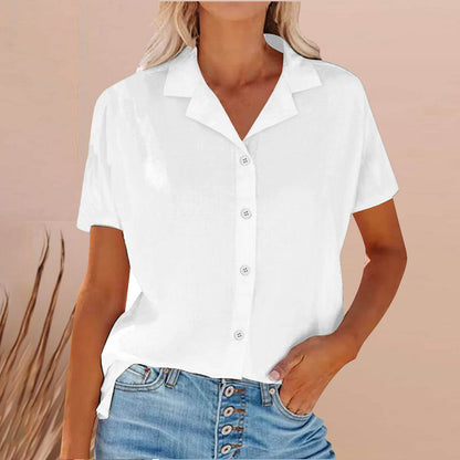 Spring Summer Lapel Cotton And Linen Casual short sleeve Shirt For Women - www.Shopthatapp.com