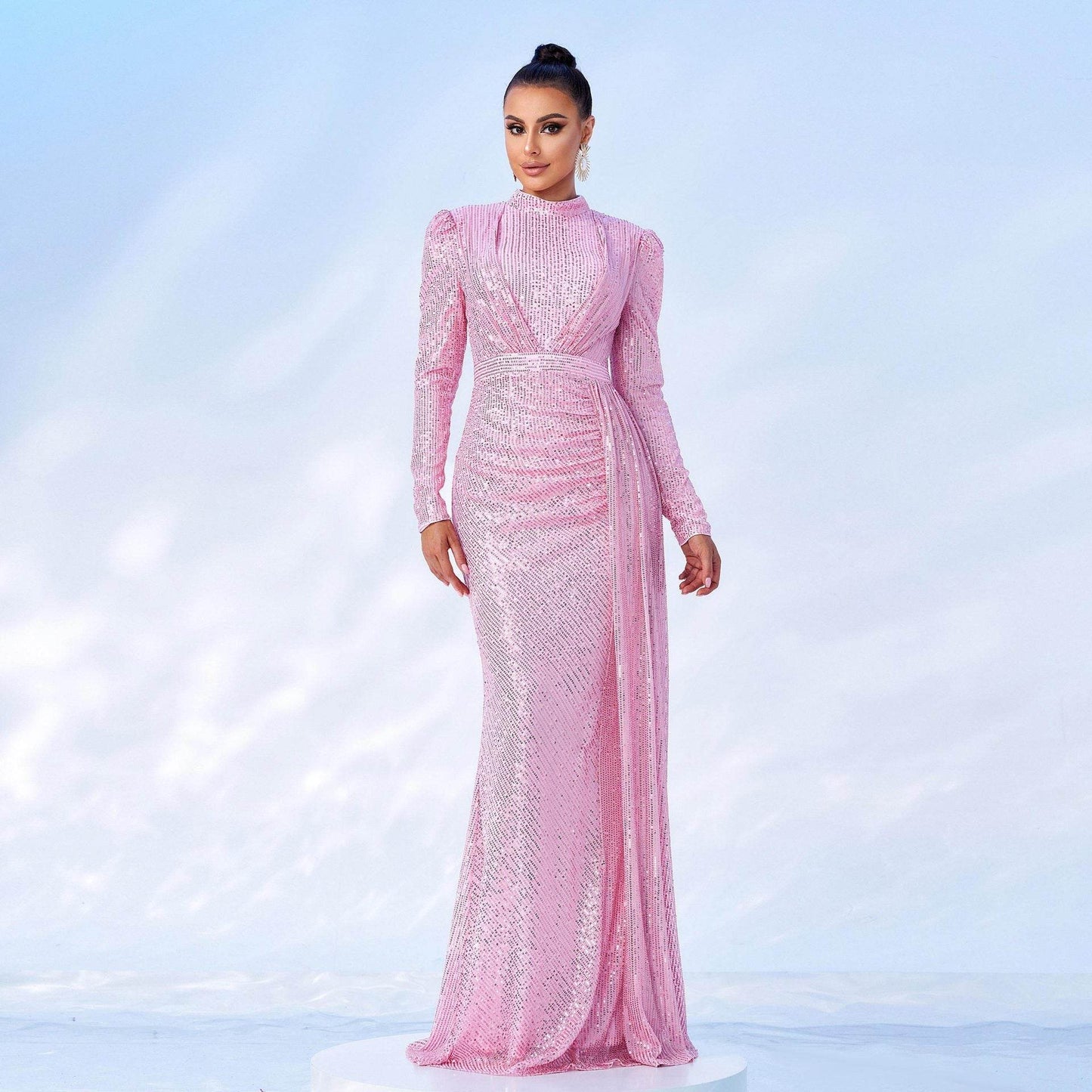 Long Sleeve Round Neck Slim Long Sequined Banquet Dress - www.Shopthatapp.com
