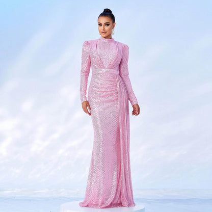 Long Sleeve Round Neck Slim Long Sequined Banquet Dress - www.Shopthatapp.com