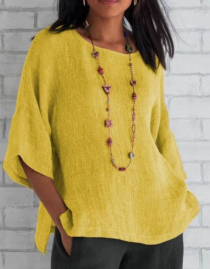 Women Fashion Casual blouse top 3/4 Sleeve Round Neck Blouses Summer Loose linen Tops Streetwear - www.Shopthatapp.com