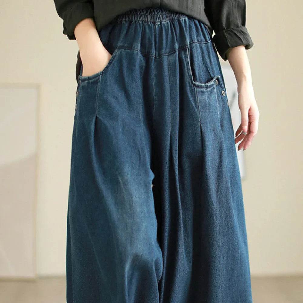 Wide-leg Baggy Jeans Pant Elastic Waist Washed Wear-white Loose Slimming And All-matching Trousers For Women - www.Shopthatapp.com
