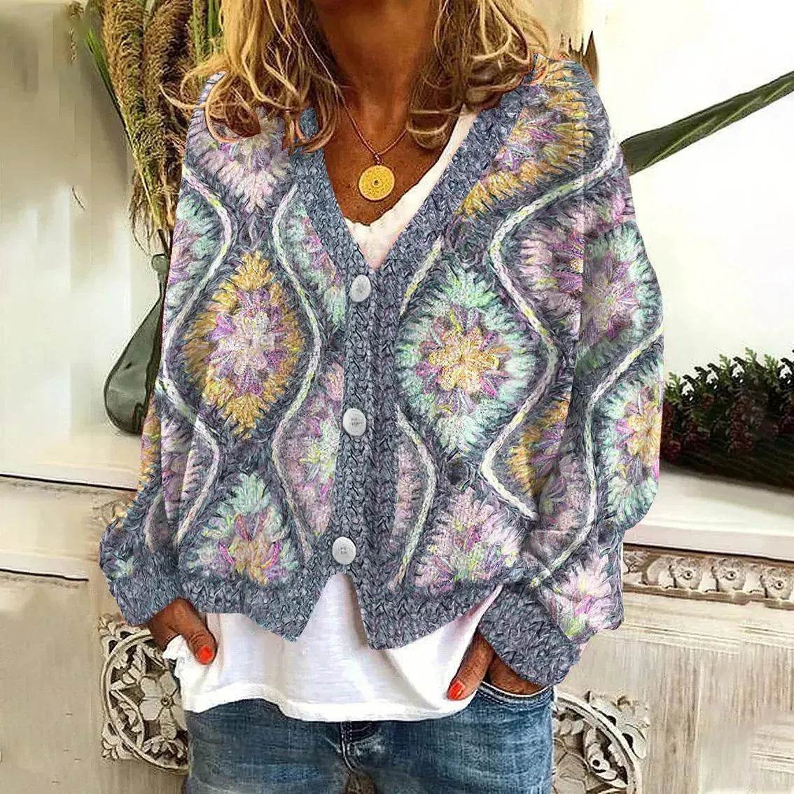 New Christmas Abstract Flowers Printing Sweater Fashion Casual Short Cardigan Coat Womens Clothing - www.Shopthatapp.com