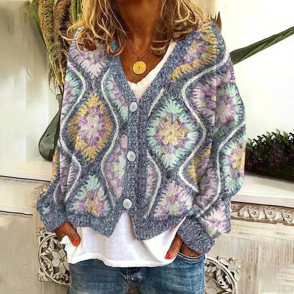 New Christmas Abstract Flowers Printing Sweater Fashion Casual Short Cardigan Coat Womens Clothing - www.Shopthatapp.com
