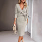 Autumn And Winter V-neck Long Sleeve Knitted sweater Wrap Dress - www.Shopthatapp.com