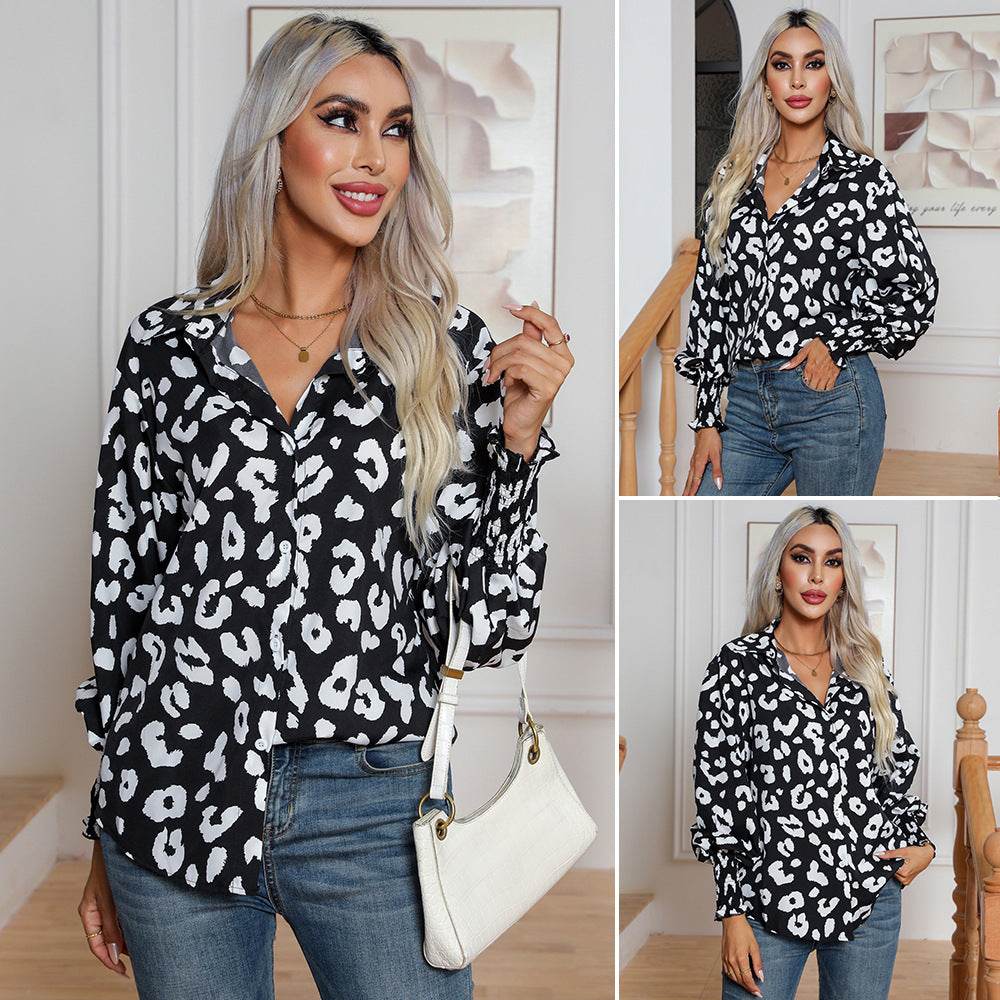 Leopard Print Lantern Sleeve Blouse Shirt top for Women - www.Shopthatapp.com