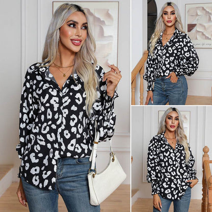 Leopard Print Lantern Sleeve Blouse Shirt top for Women - www.Shopthatapp.com