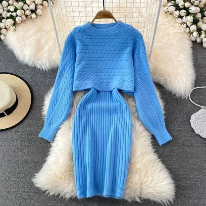 Autumn Winter Sassy Woolen Knitted Two Piece Midi Sweater Dress Outfit set - www.Shopthatapp.com