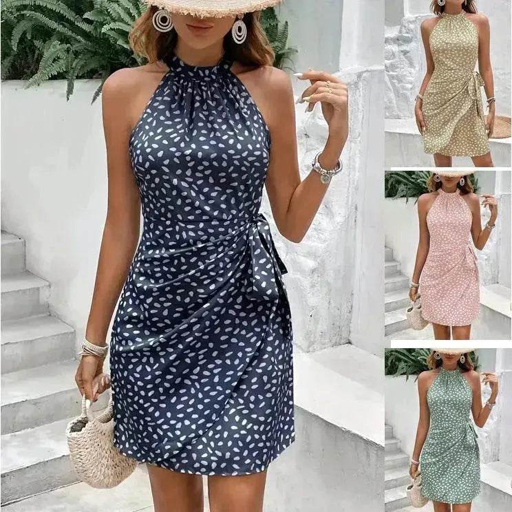 Casual Summer Halter neck Printed Dress With Tied Elegant Ladies High Neck Mini Dress. - www.Shopthatapp.com