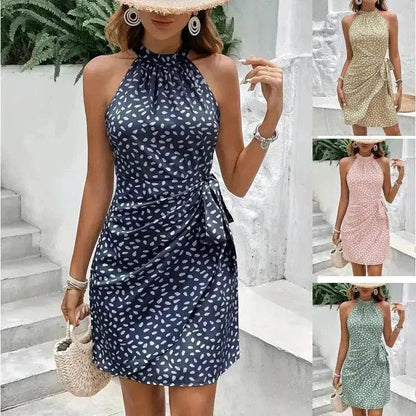 Casual Summer Halter neck Printed Dress With Tied Elegant Ladies High Neck Mini Dress. - www.Shopthatapp.com
