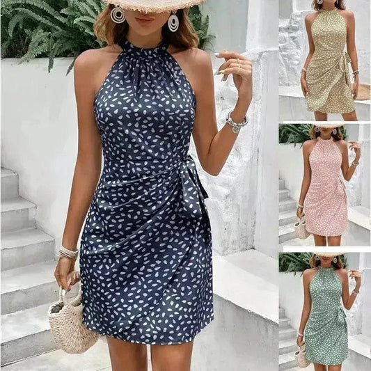 Casual Summer Halter neck Printed Dress With Tied Elegant Ladies High Neck Mini Dress. - www.Shopthatapp.com