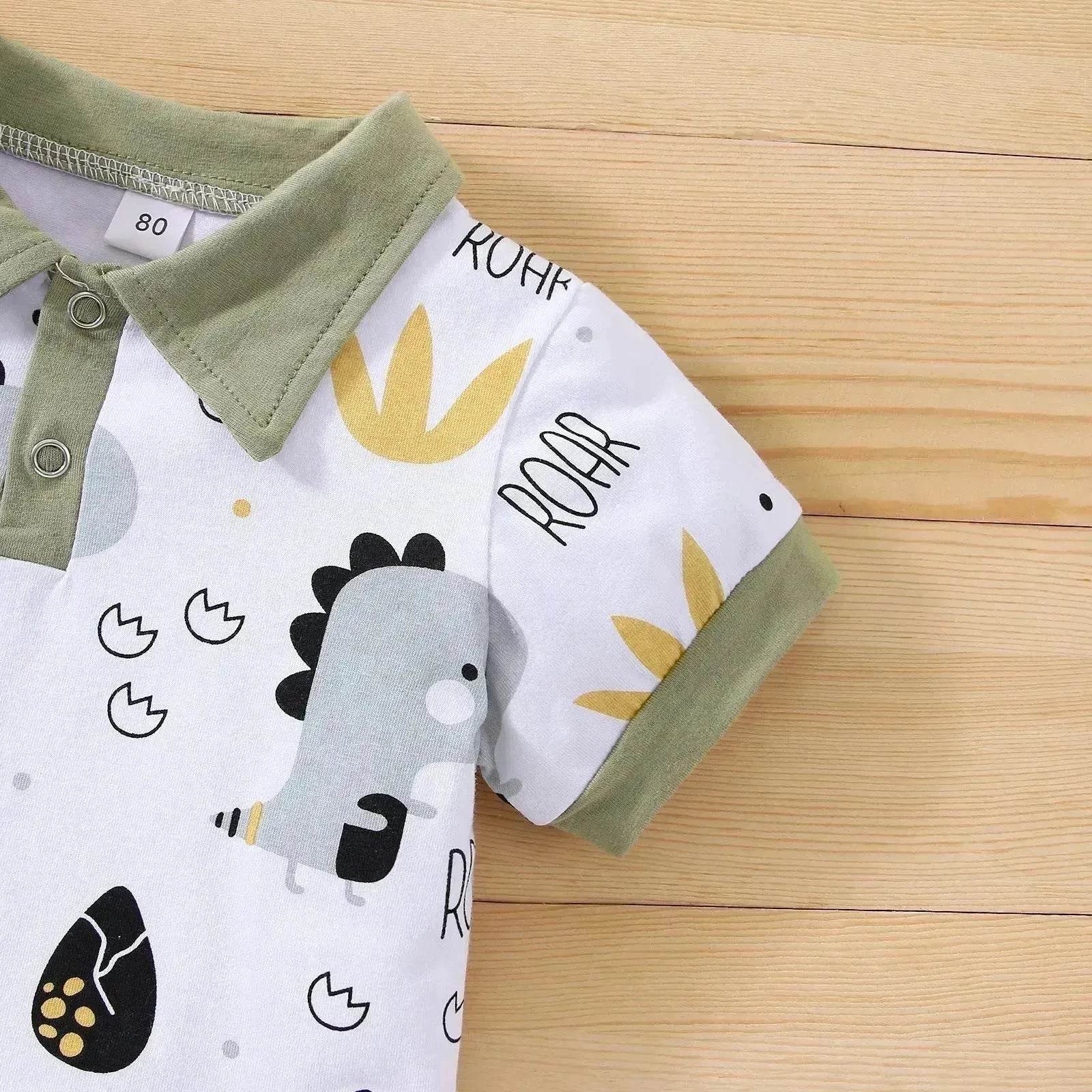 Boy's Little Dinosaur Lapel Cotton Short Sleeve Top Short Pants Suit Two piece for boys. - www.Shopthatapp.com