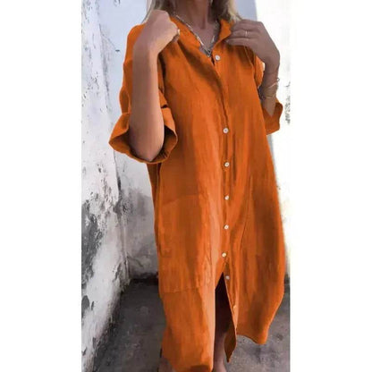 Women Loose Casual Half Sleeve Cotton Linen Buttoned down  Shirt Dress - www.Shopthatapp.com