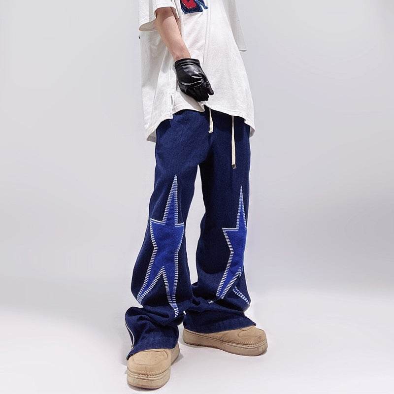 Five-pointed Star Embroidery Denim Horn Loose Straight Casual All-match Mop Jeans Baggy Trousers Men - www.Shopthatapp.com