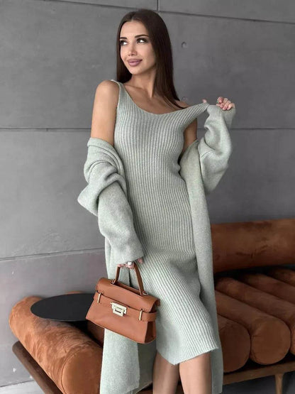 Women 2pcs Winter outfit set  Long dress Cashmere Long Cardigan Jacket - www.Shopthatapp.com