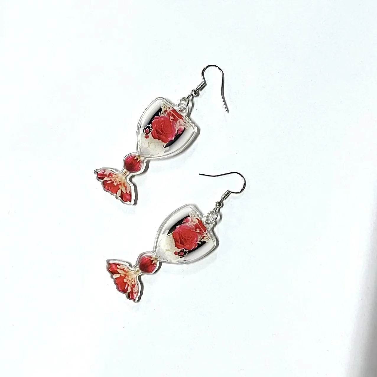 Valentine's Day Rose Wine Glass Acrylic Earrings - www.Shopthatapp.com