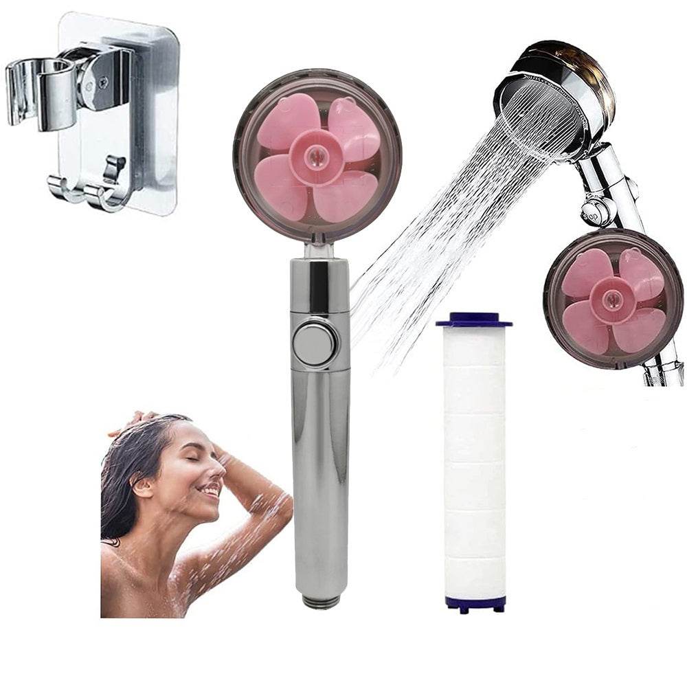 Propeller Driven Shower Head With Stop Button And Cotton Filter Turbocharged High Pressure Handheld Shower Nozzle - www.Shopthatapp.com