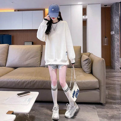 Women Round-neck With Fleece Lining Thick Fake Two Pieces Long Sleeve Loose Hoodie Sweatshirt - www.Shopthatapp.com