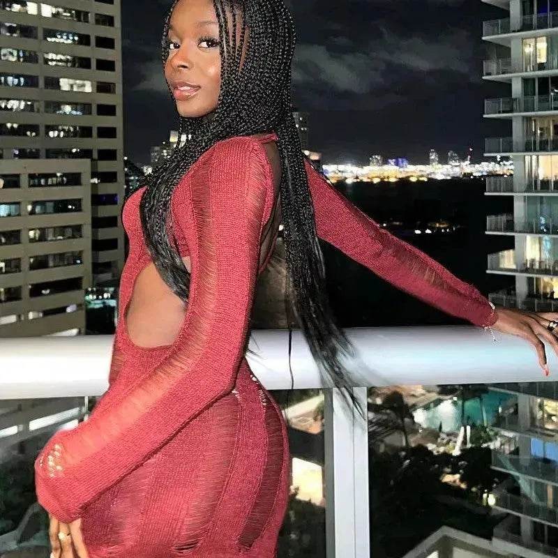 Women Fashion Slim Fit Hollow Long Sleeve Dress Y2K Charming Backless Hip-hugging Short Mini Suspender Dresses for Club Party - www.Shopthatapp.com