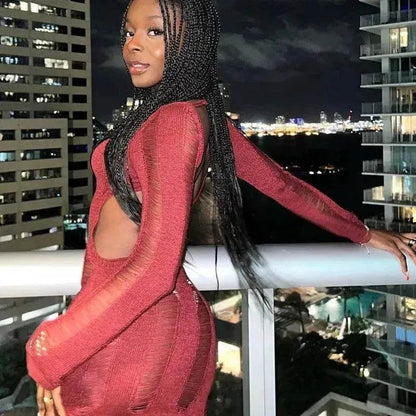 Women Fashion Slim Fit Hollow Long Sleeve Dress Y2K Charming Backless Hip-hugging Short Mini Suspender Dresses for Club Party - www.Shopthatapp.com