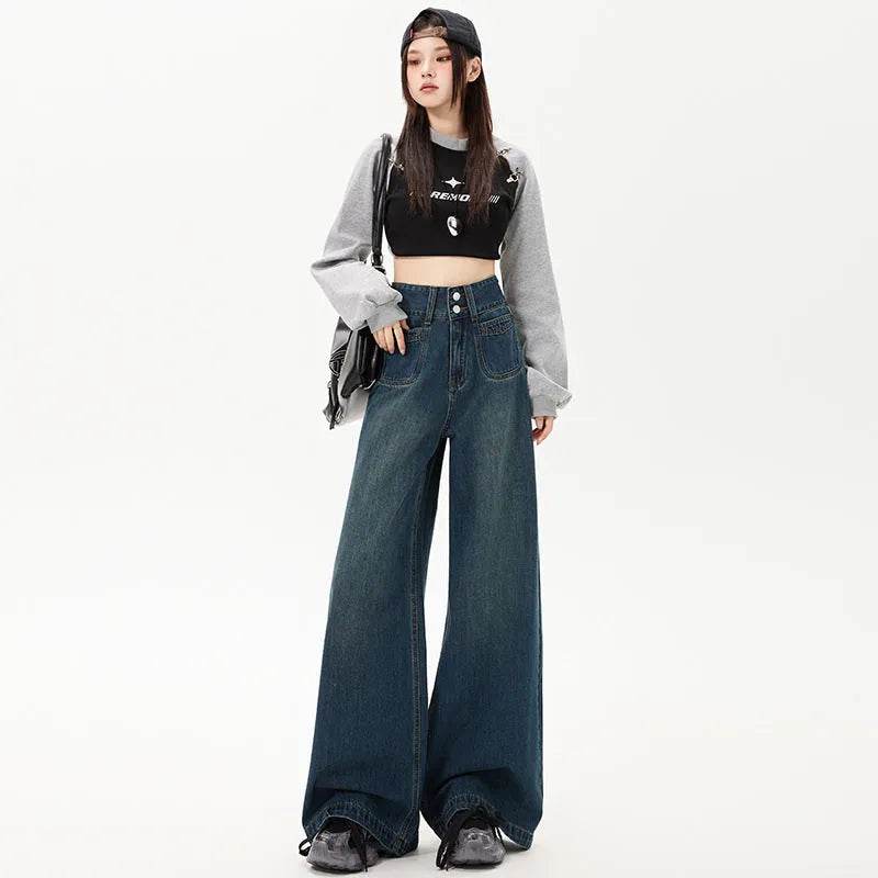 New Simple High Waist Casual Straight-leg Baggy Jeans Pant For Women - www.Shopthatapp.com