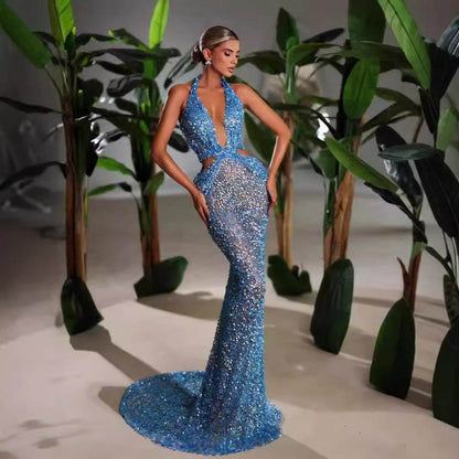 New Halter Deep V-neck Slim fit Sequined Evening Party Dress - www.Shopthatapp.com