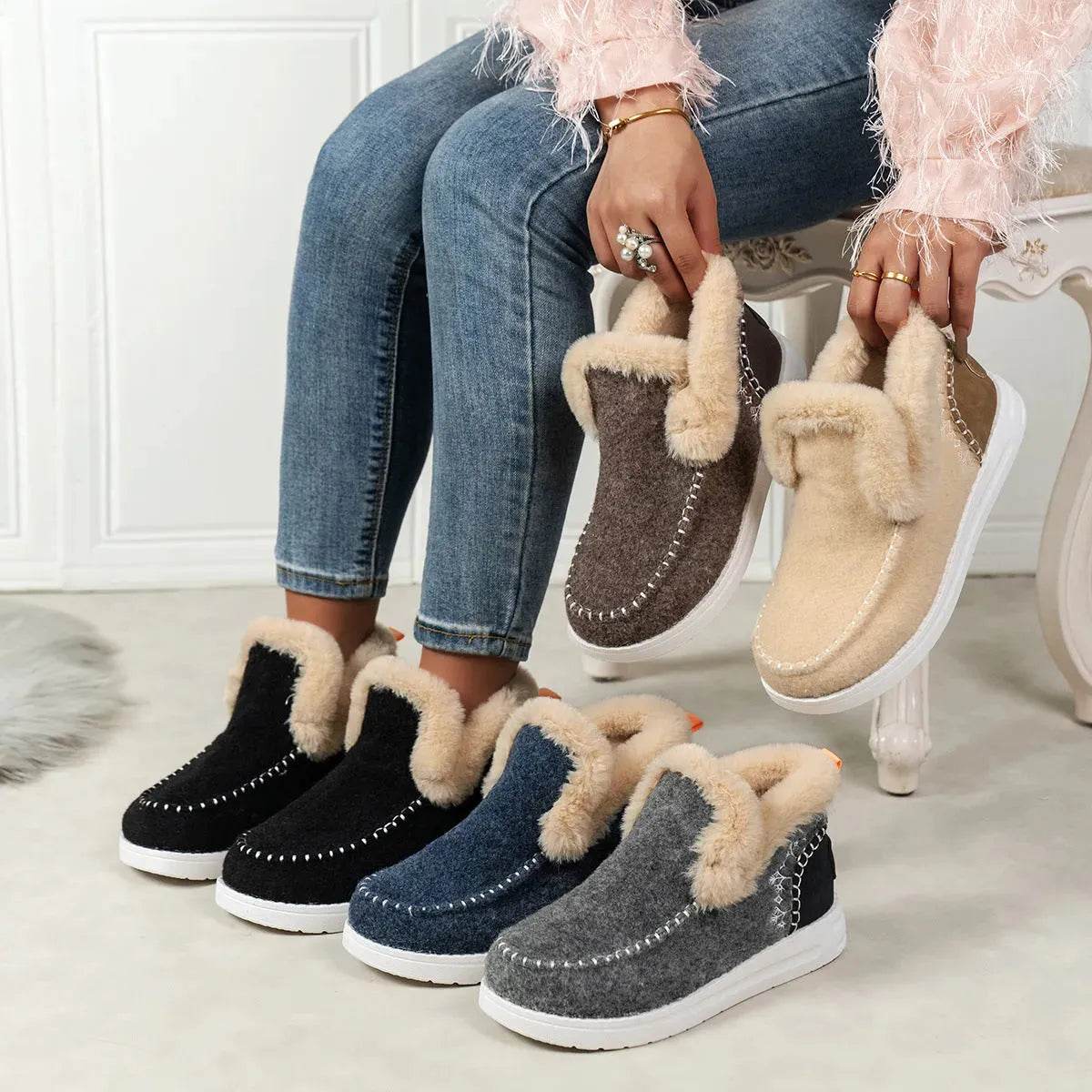 Plus Size Fleece-lined Thicker Raw Edge Warm Flat Bottom Plush Winter boot Shoes for women - www.Shopthatapp.com