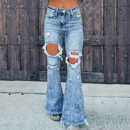 Blue Denim Ripped Flare Jeans pant for Women Raw Hem Pant - www.Shopthatapp.com