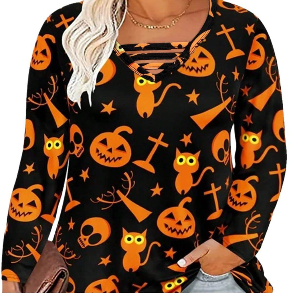 Digital Printing Halloween Round Neck Long Sleeve Plus Size T-shirt - www.Shopthatapp.com