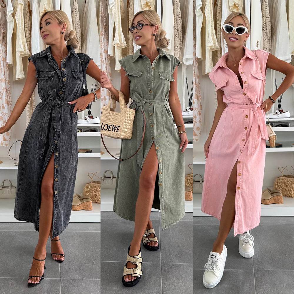 Elegant Lapel Single Breasted Button down Denim Midi Dress Tie belt Split Jeans Dress - www.Shopthatapp.com