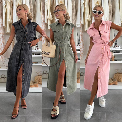 Elegant Lapel Single Breasted Button down Denim Midi Dress Tie belt Split Jeans Dress - www.Shopthatapp.com