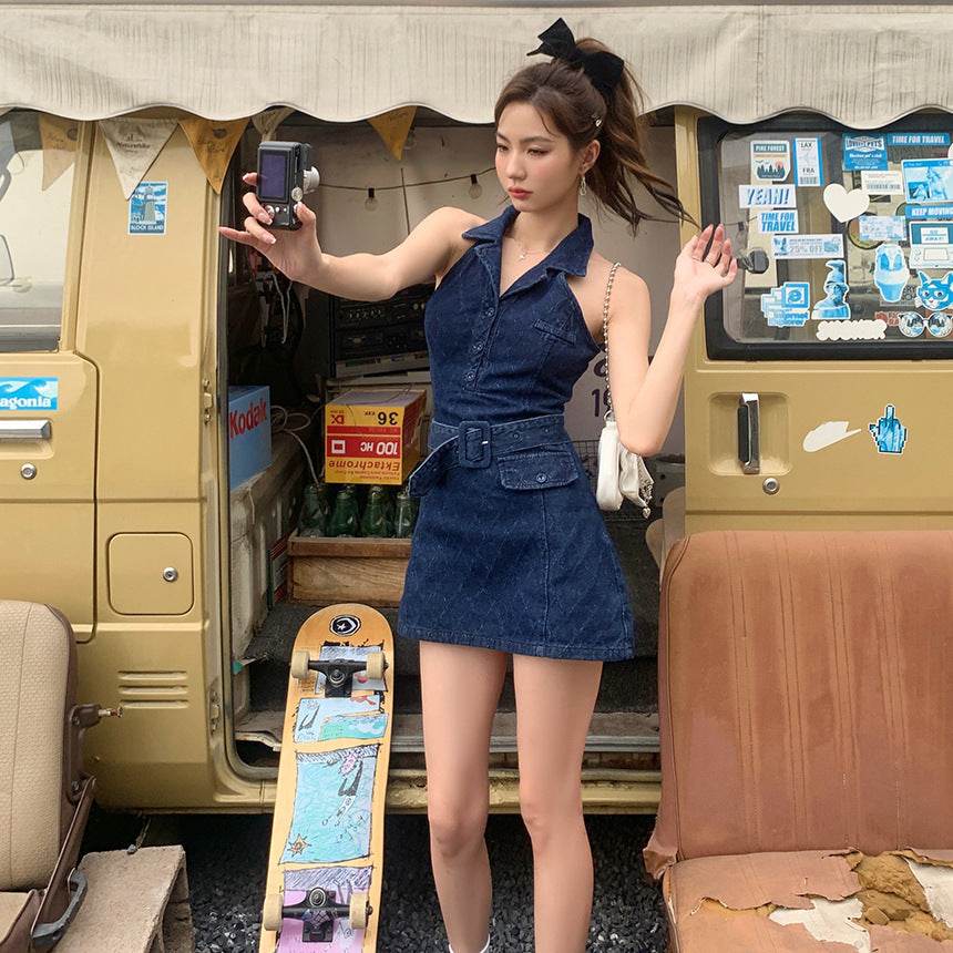 Mini Sleeveless Sheath Denim jeans halter neck Dress - www.Shopthatapp.com