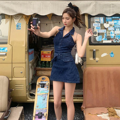 Mini Sleeveless Sheath Denim jeans halter neck Dress - www.Shopthatapp.com