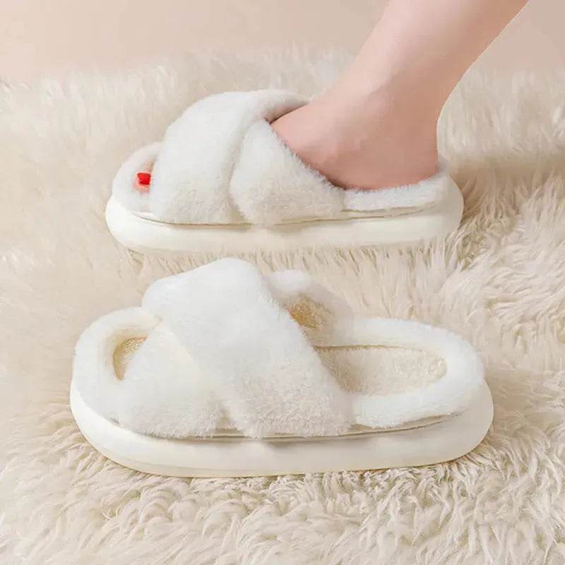 Women's Platform Fuzzy Home Slippers Winter Open Toe Criss-cross Solid Color Casual Floor Slides Indoor Flat Comfy House Shoes - www.Shopthatapp.com