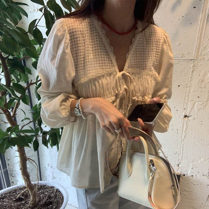 Casual Spring Summer New Retro Elegant V-neck Linen everyday blouse top - www.Shopthatapp.com