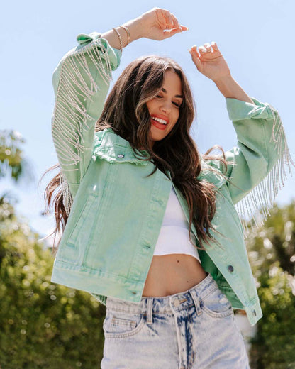 Denim Jacket Women – Light Green Cotton Long Sleeve Jacket - www.Shopthatapp.com