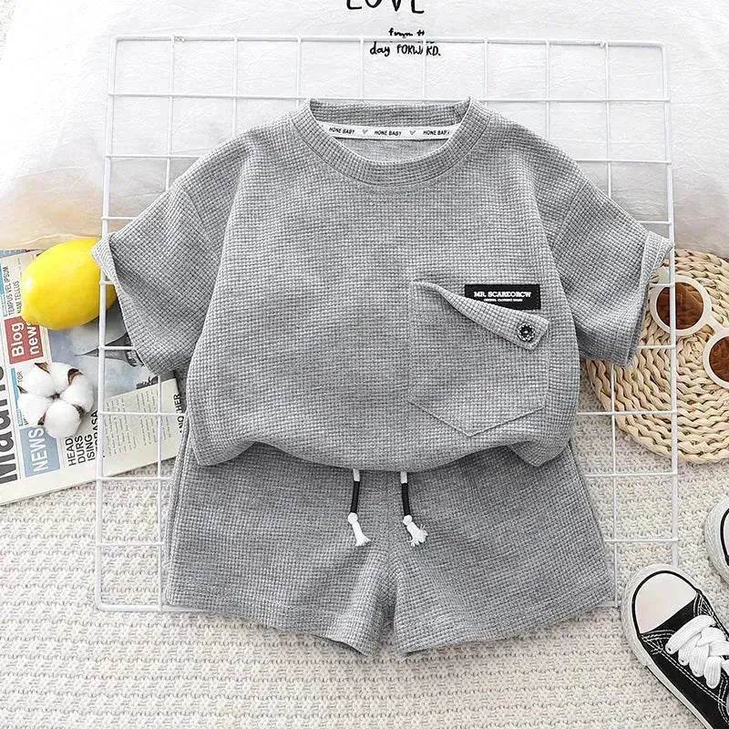 Children's Summer Clothing Casual Plain color Cotton Short Sleeve shirt and Short pant Two-piece Set - www.Shopthatapp.com