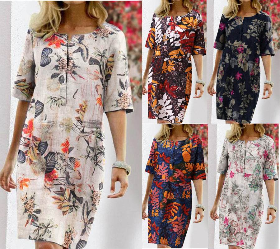 Vintage Dress Women Summer Floral Leaf Print Slit Round Neck Half Sleeve Dresses - www.Shopthatapp.com